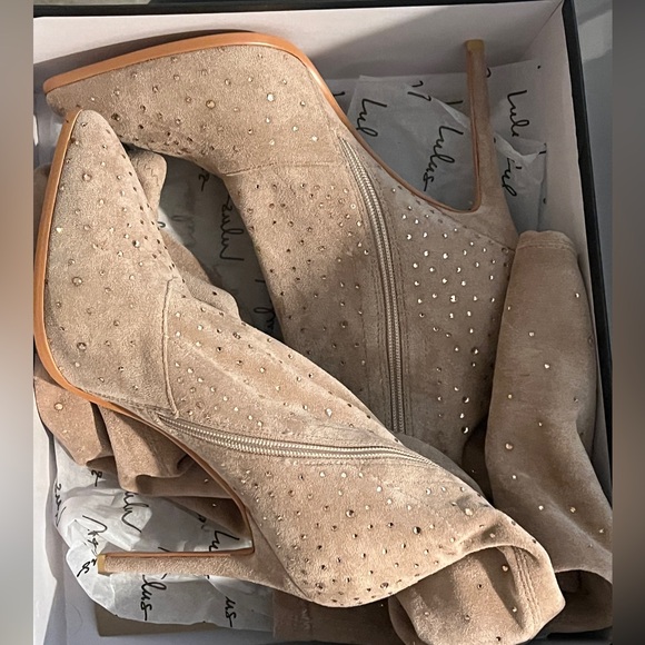 NWT Glamur Light Nude Suede Rhinestone Over-the-Knee Stiletto Boots - Picture 7 of 8